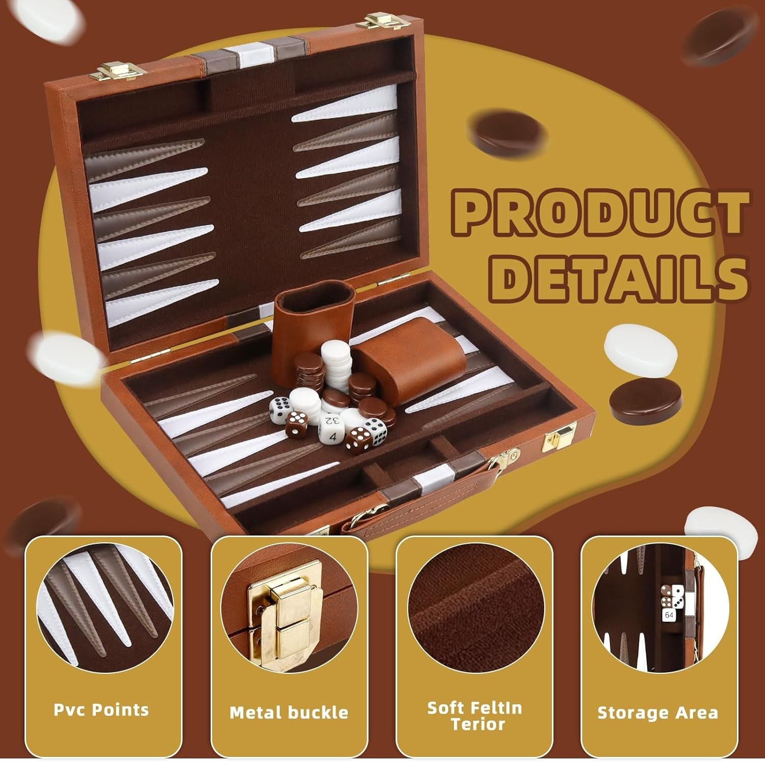 15” Travel Backgammon Set Leather Case Portable 2 Player Board Game