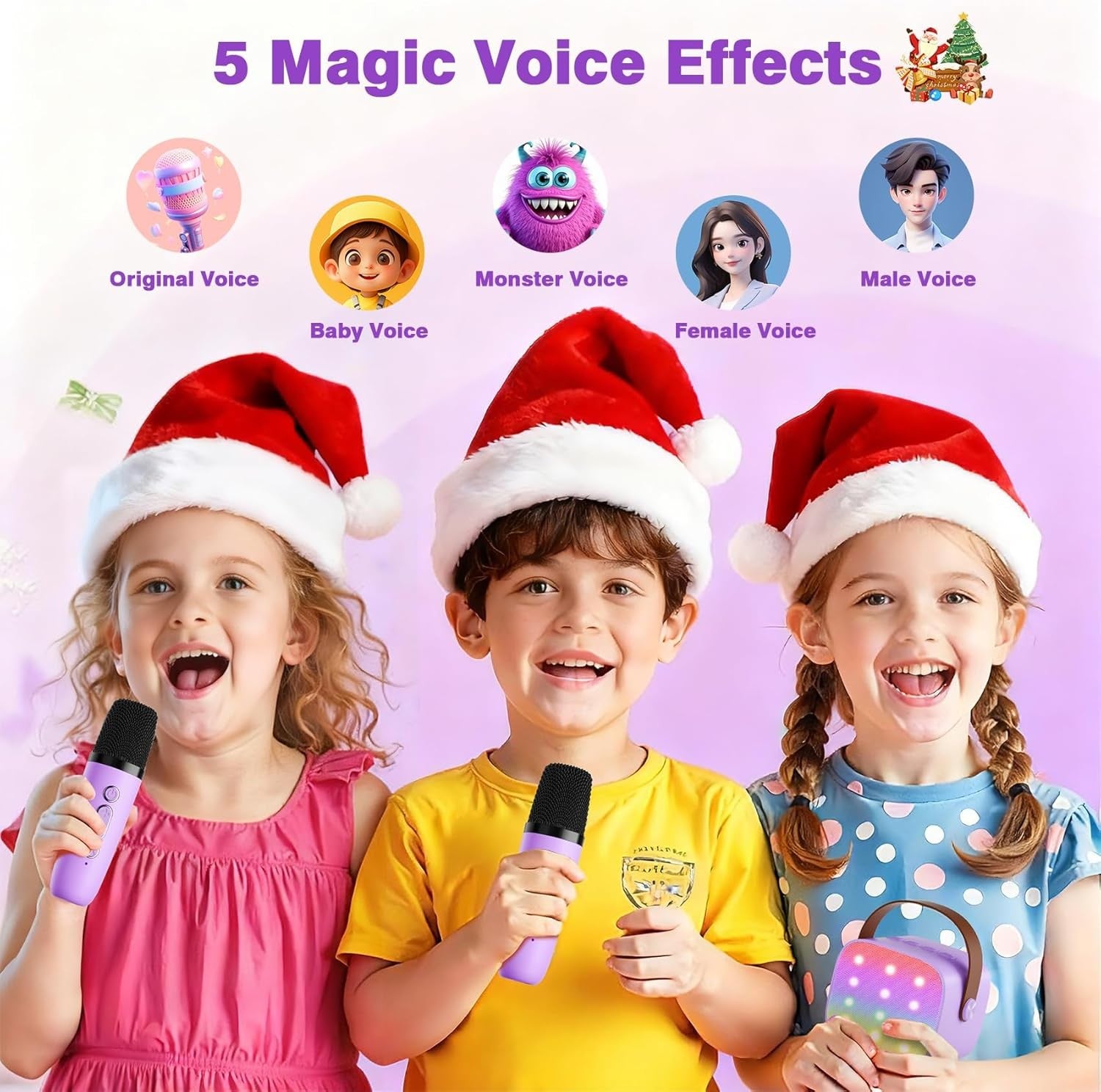 Kids Mini Karaoke Machine 2 Wireless Mics Bluetooth LED
