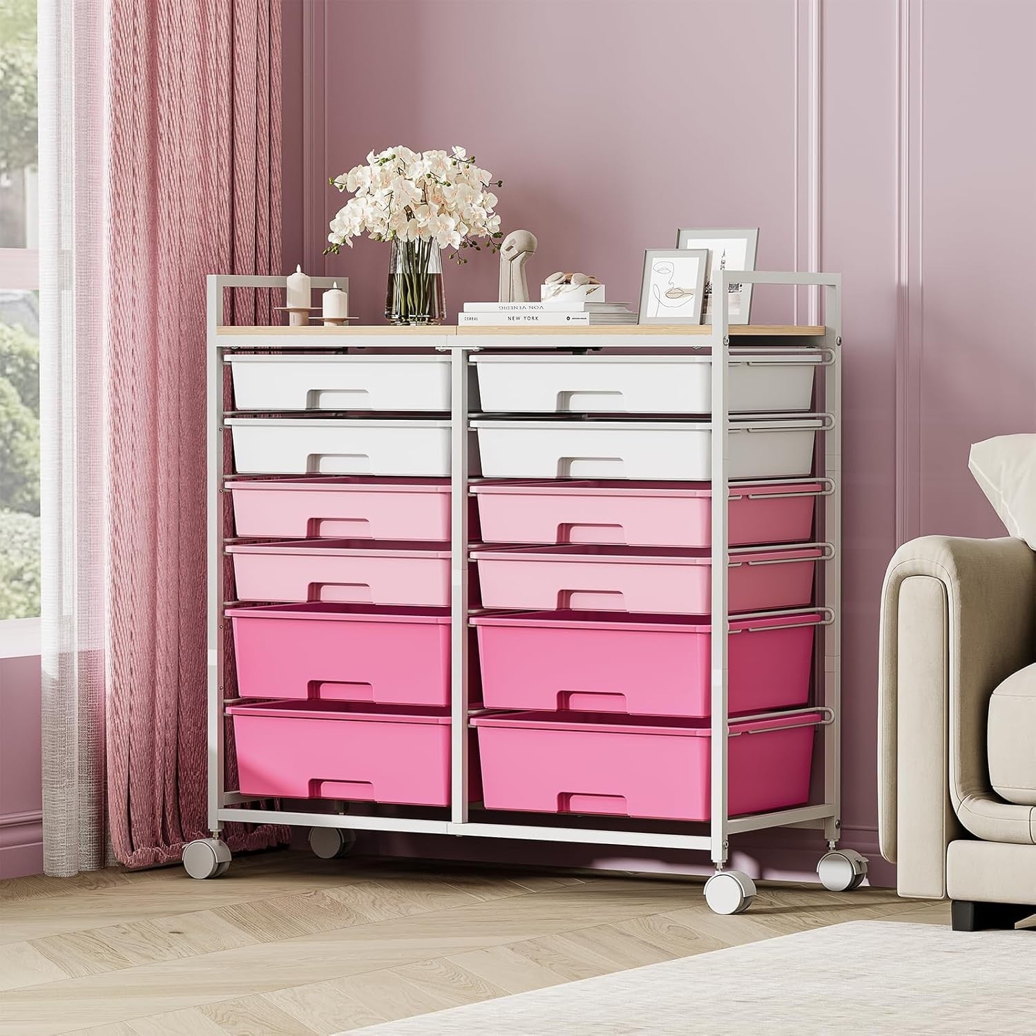 12 Drawer Rolling Storage Cart Makeup Craft Organizer Trolley Pink