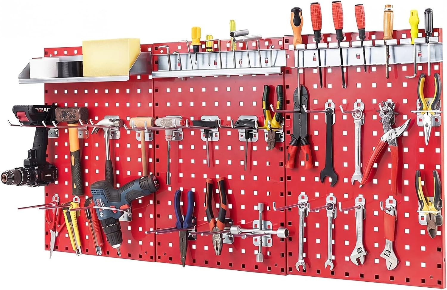 Wall-Mount Pegboard Kit 3PCS 120x60cm Alloy Steel w/ 28 Hooks & Racks