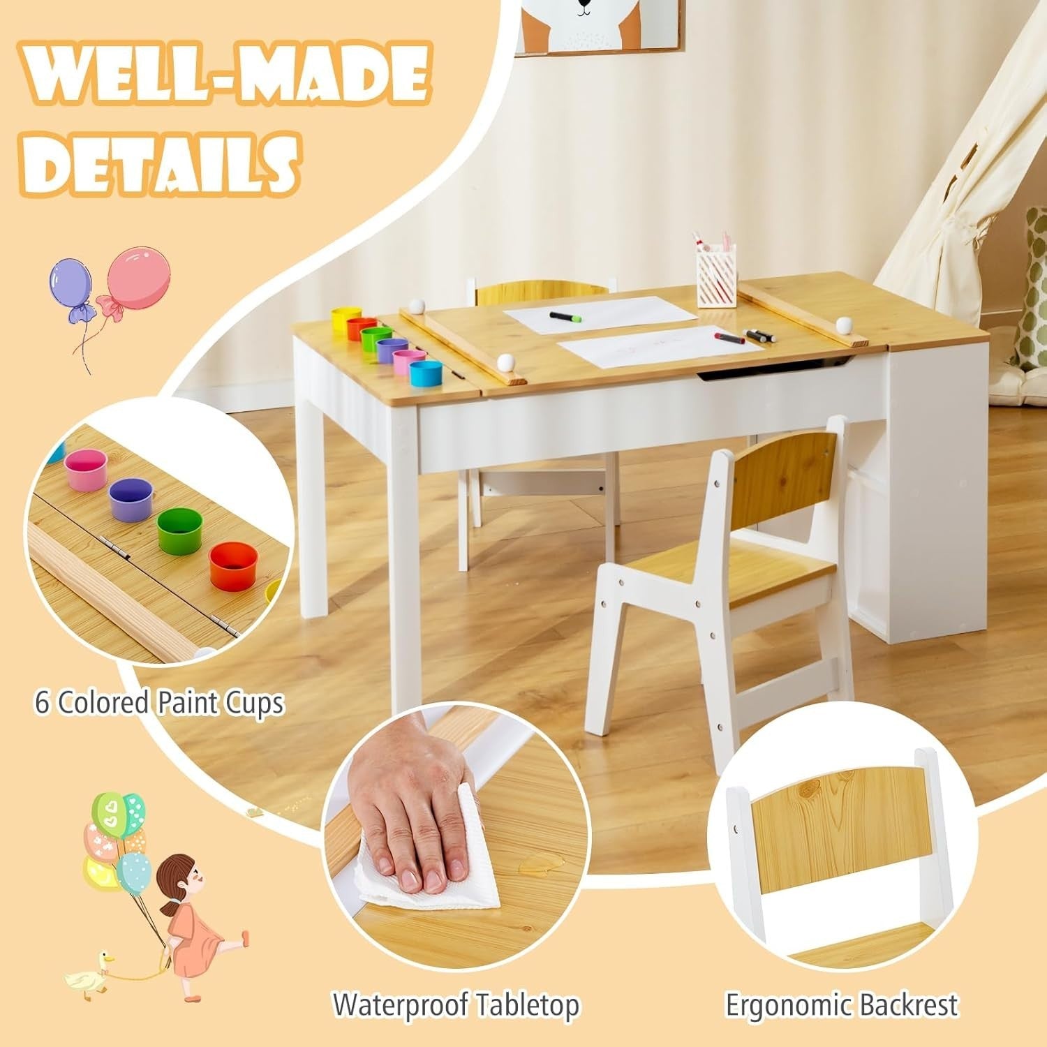 Kids Art Table & Chairs Set with Storage, Paper Roll & 6 Paint Cups 109cm