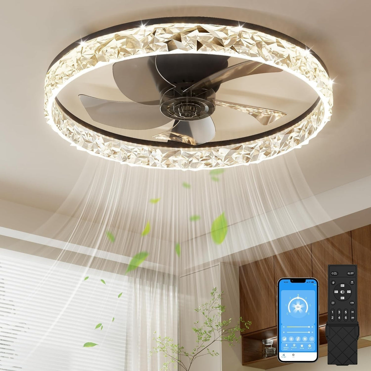 50CM LED Ceiling Fan Light, Remote & App Control, 6 Speeds, Black
