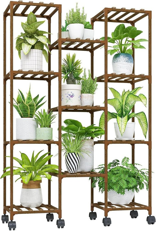 Wooden Plant Stand with Wheels Indoor Outdoor Multi-Shelf Flower Rack