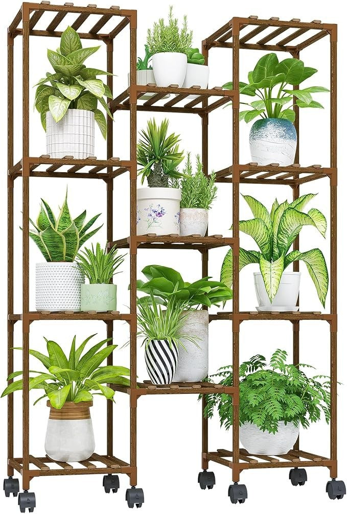 Wooden Plant Stand with Wheels Indoor Outdoor Multi-Shelf Flower Rack