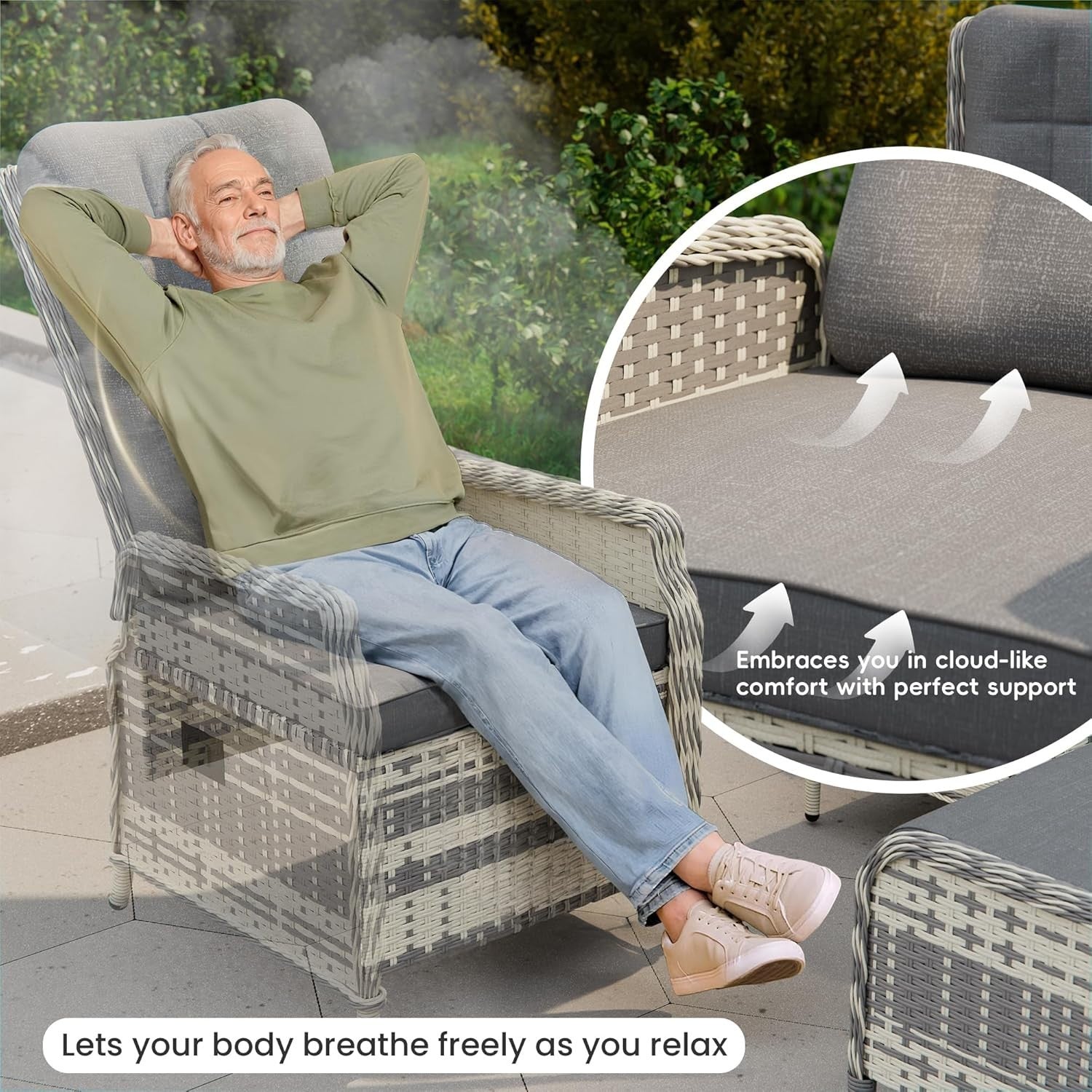 Adjustable Rattan Recliner Bistro Set Chairs Stools Coffee Table Patio Grey