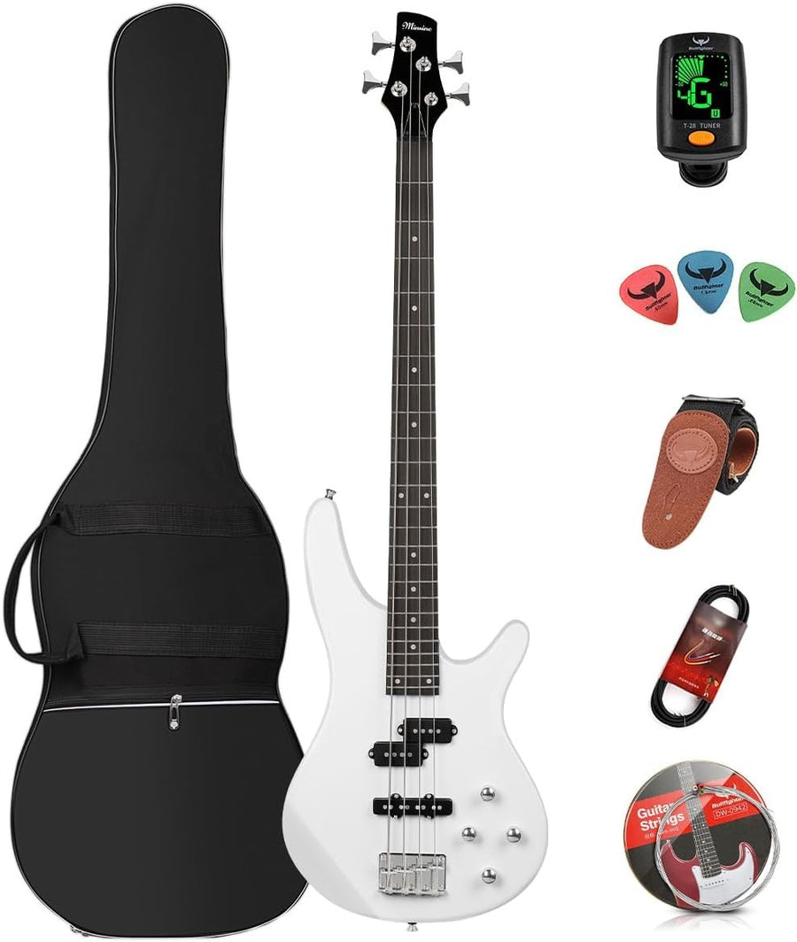 Full Size 4 String Electric Bass Guitar Starter Kit P Style White
