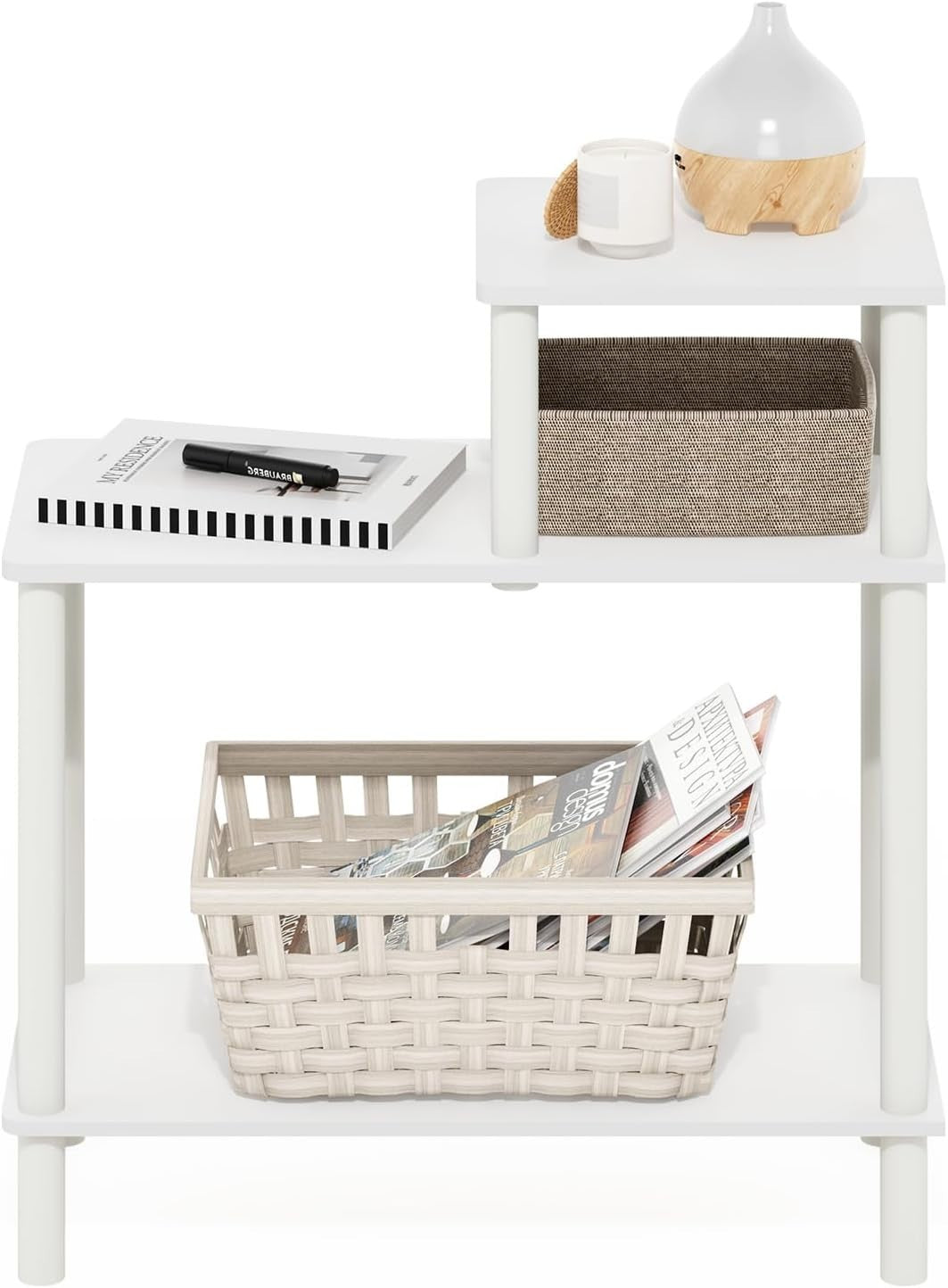 3-Tier White Side Table with Shelves – Minimalist Rectangular End Table