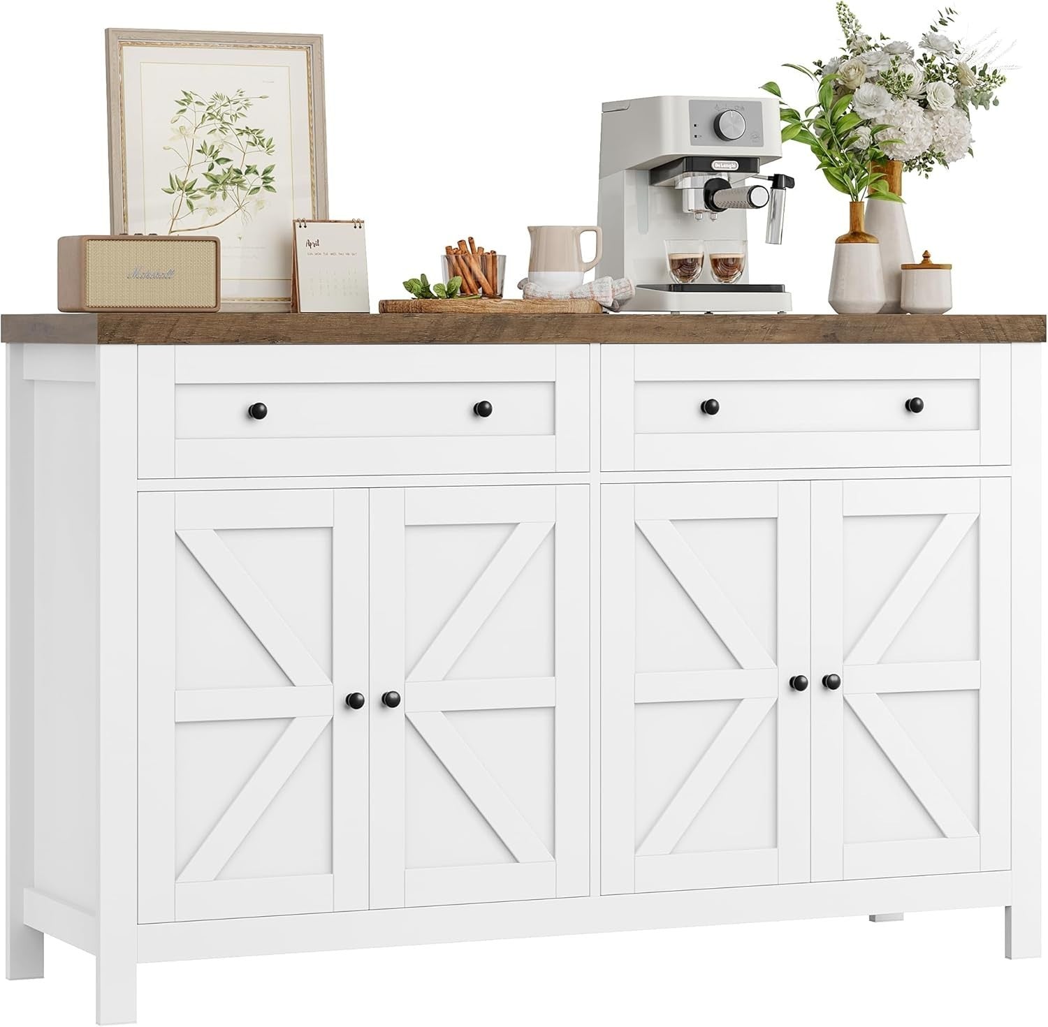 Modern White Sideboard with Adjustable Shelf 2 Drawers 4 Compartments