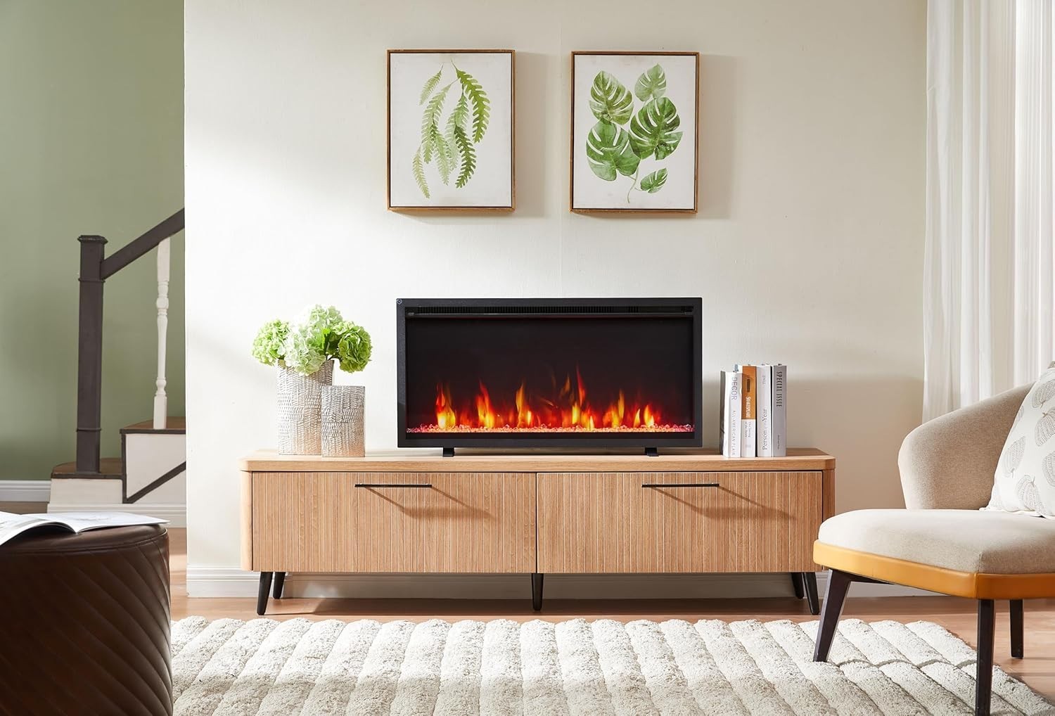 Electric Fireplace Wall Mounted Recessed 36” LED Heater Log Flame