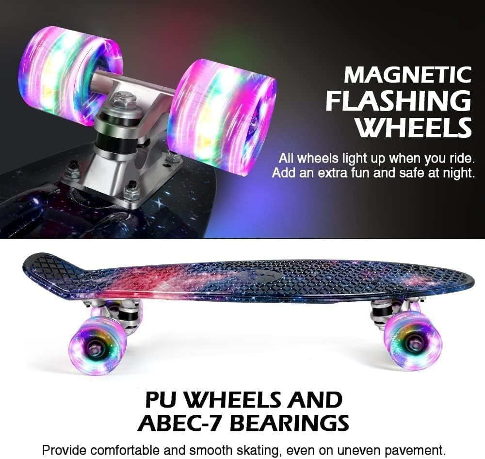 22in Purple Mini Cruiser Skateboard LED Wheels Kids Teens Beginner Board