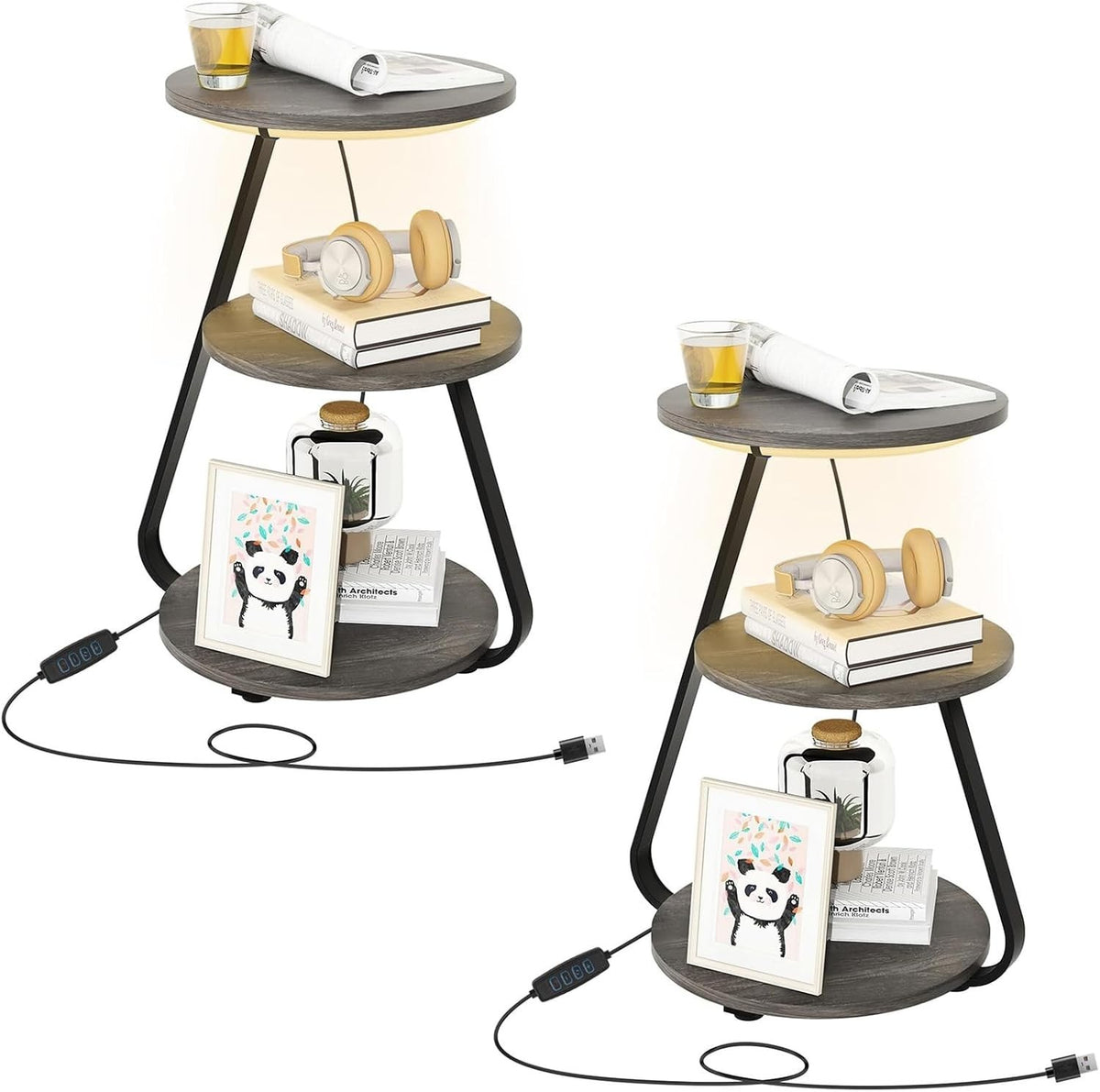 Set of 2 LED Bedside Side Tables Grey – 3-Tier Round Storage Coffee Tables