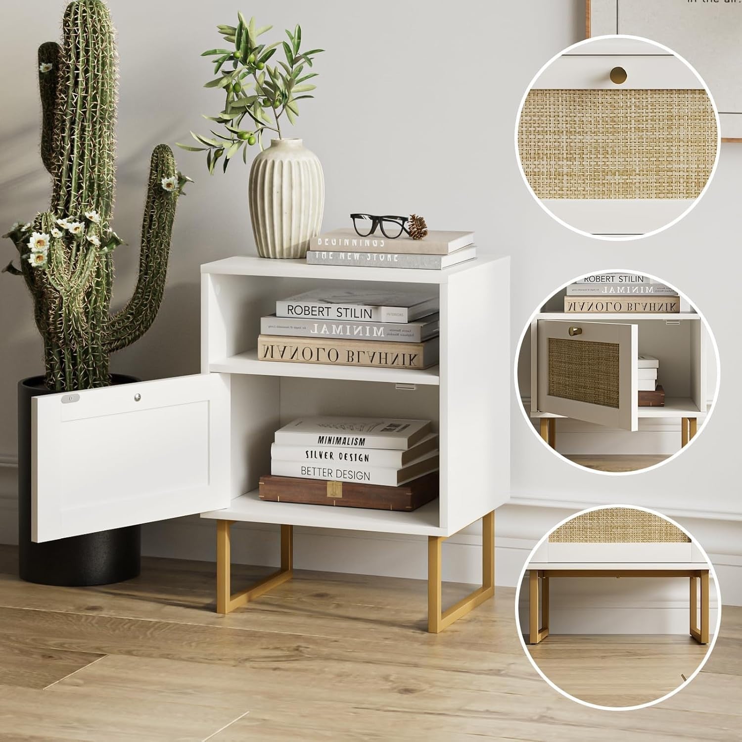 Modern Rattan Bedside Table with Drawer & Shelf – Boho White Wood Nightstand