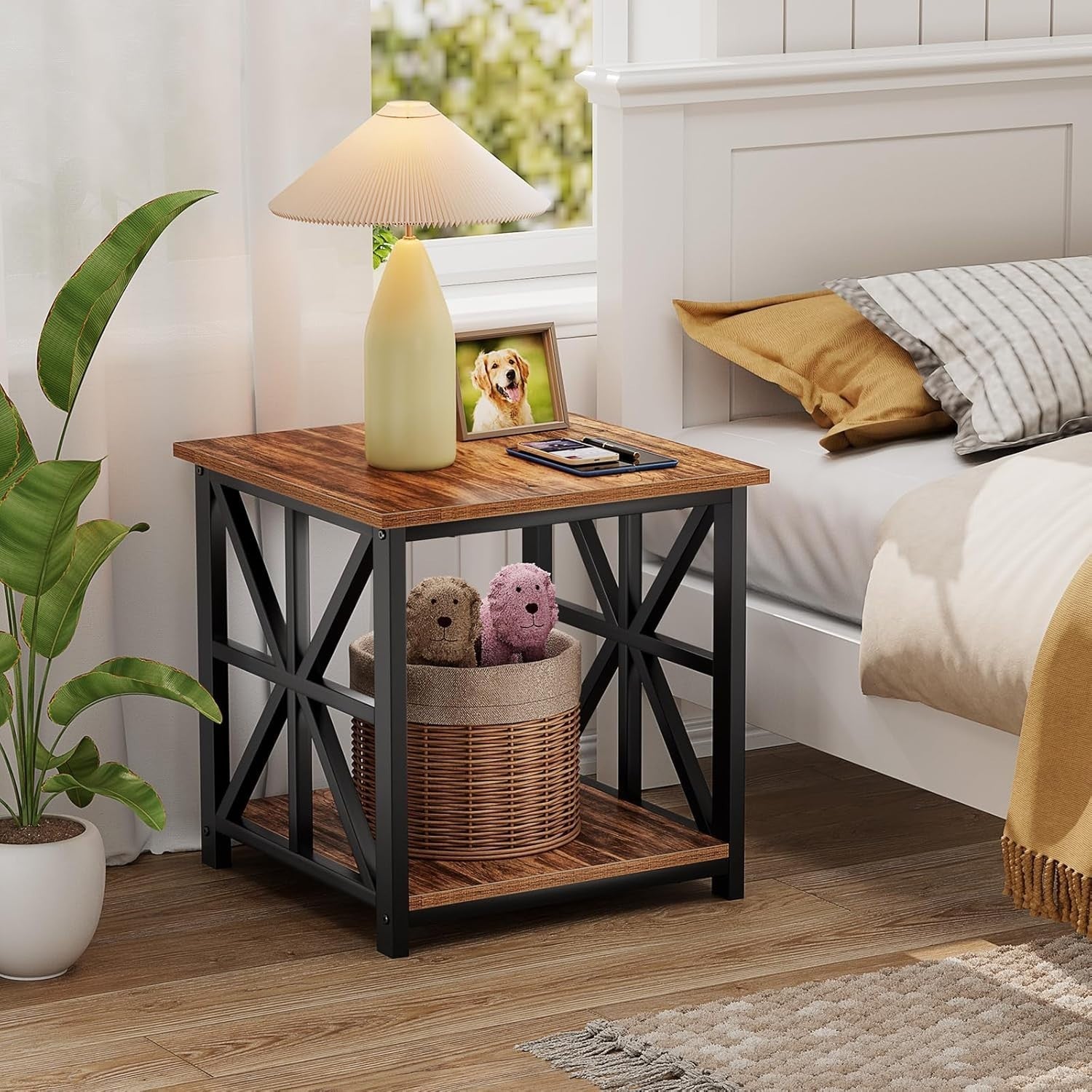 Walnut 2-Tier Square Side Table 60x60x60 cm | Large End Table w/ Storage