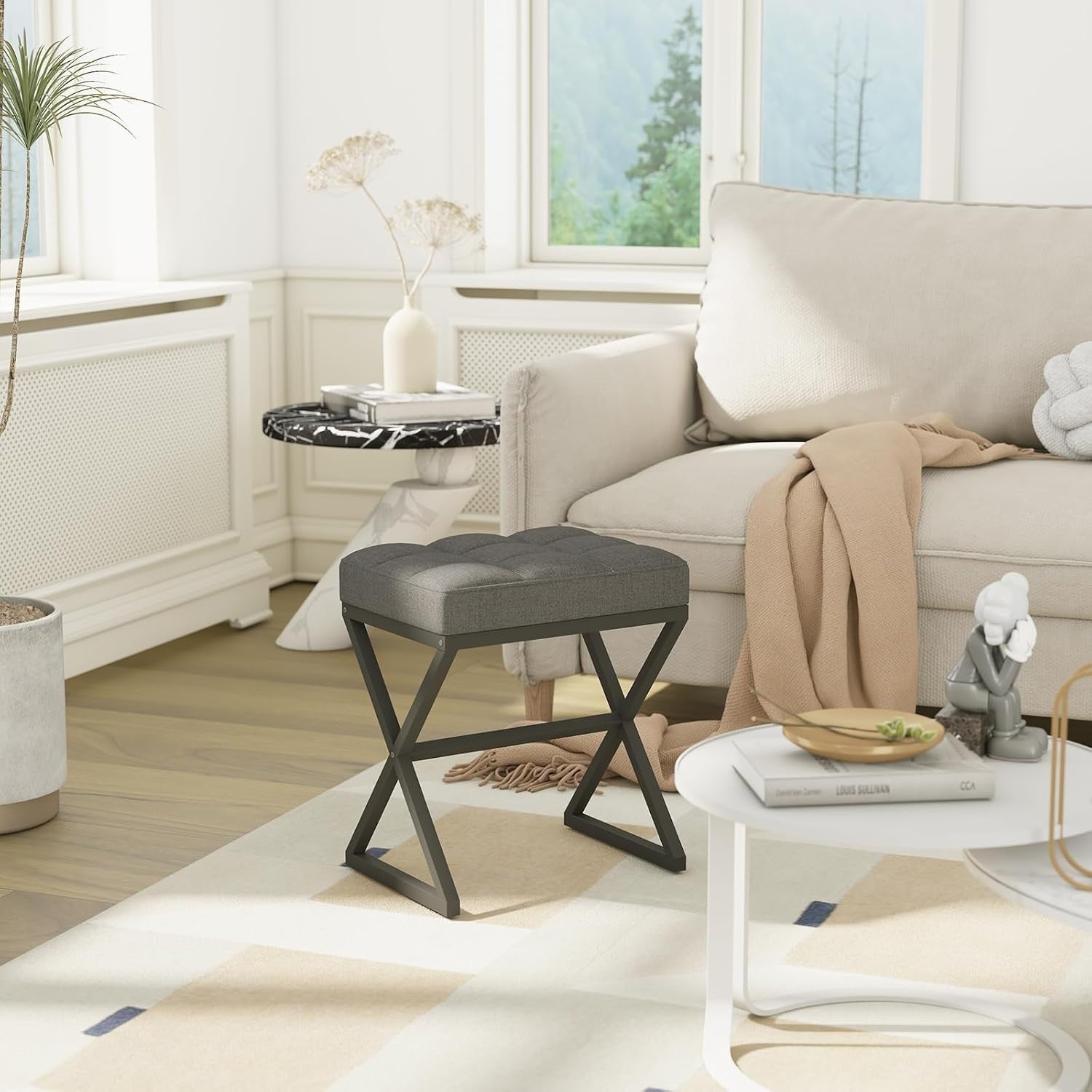 Grey Linen Vanity Stool with X-Shaped Metal Legs Footrest Bench 40×30×46cm