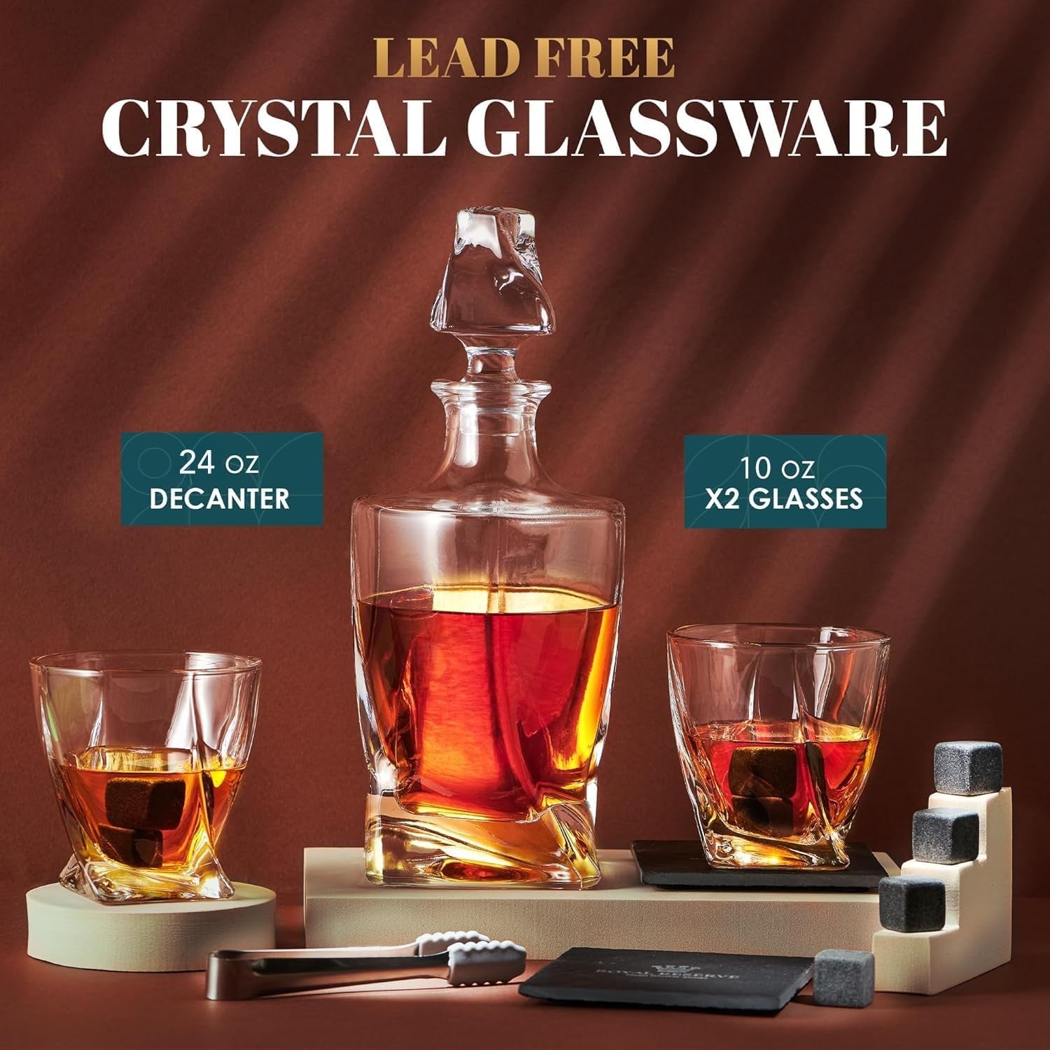 Premium 1000ml Twisted Whisky Decanter Set with Glasses Stones & Wooden Box