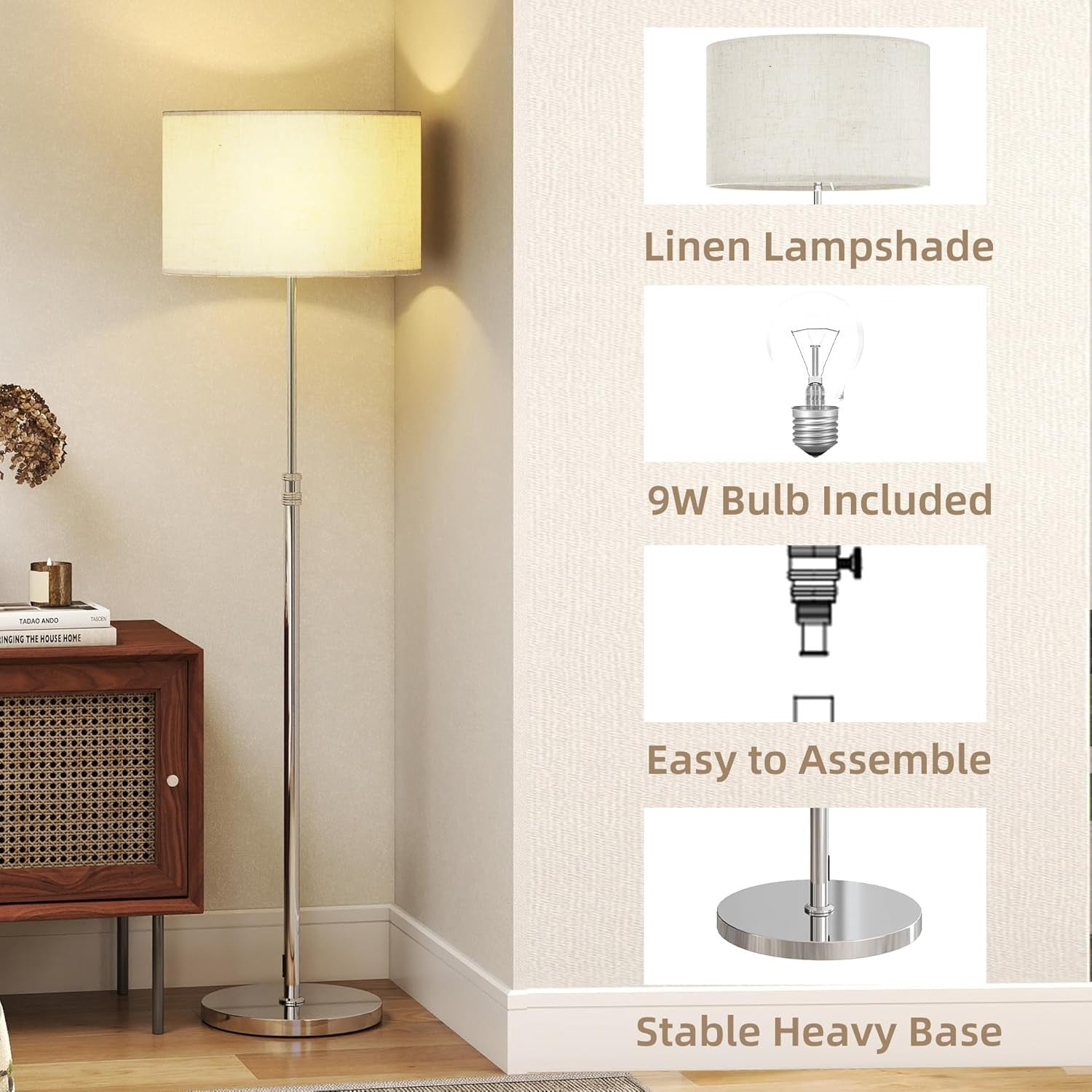 Dimmable Floor Lamp with Remote Height Adjustable Linen Shade Standing Light