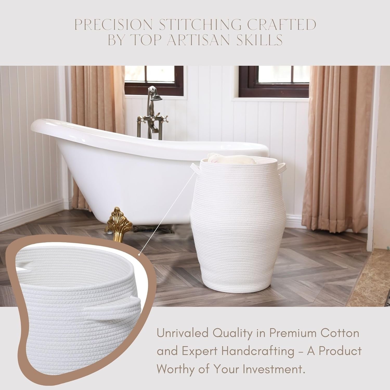 XL 26" White Cotton Rope Laundry Basket with Lid Large Woven Hamper Storage Bin
