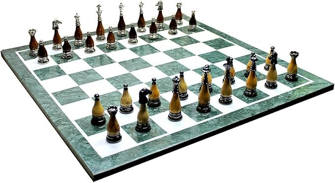 Luxury 20" Green Marble Chess Set – Large 20" Inlaid Board + Brass Wood Pieces
