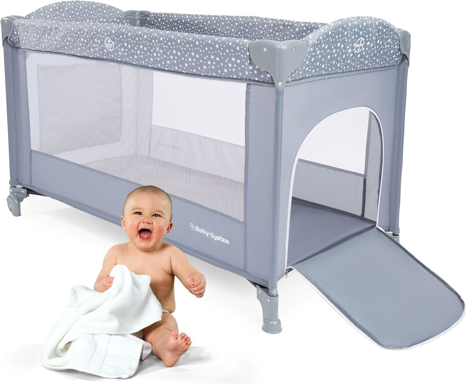 Baby Travel Cot Bedside Crib with Mattress 7 Heights Wheels & Side Panel Grey