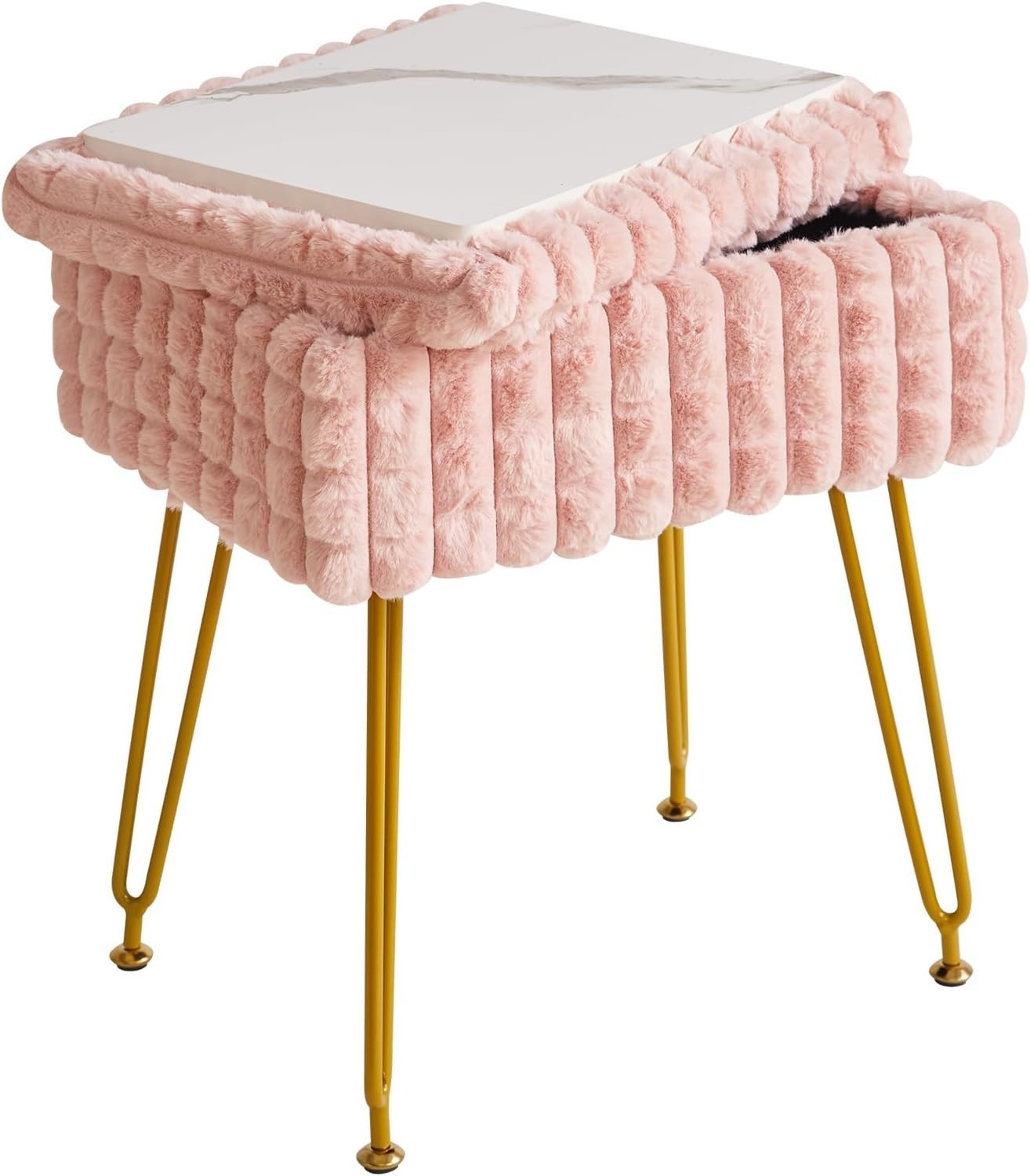 Pink Rectangular Vanity Stool with Storage – Padded Seat & Metal Legs