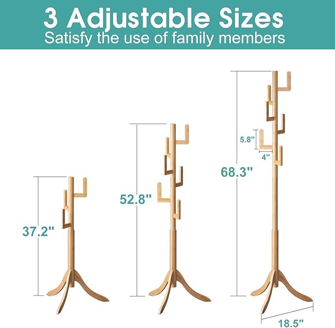 Natural Bamboo Coat Rack Freestanding 6 Hooks | Adjustable Wooden Hall Tree Stan