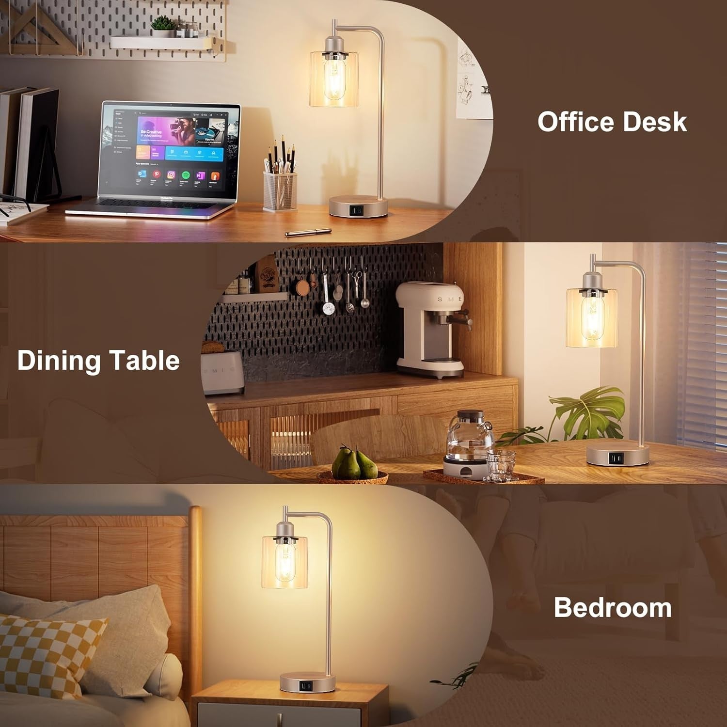 Champagne Gold Touch Table Lamps Set of 2 USB Dimmable Clear Glass