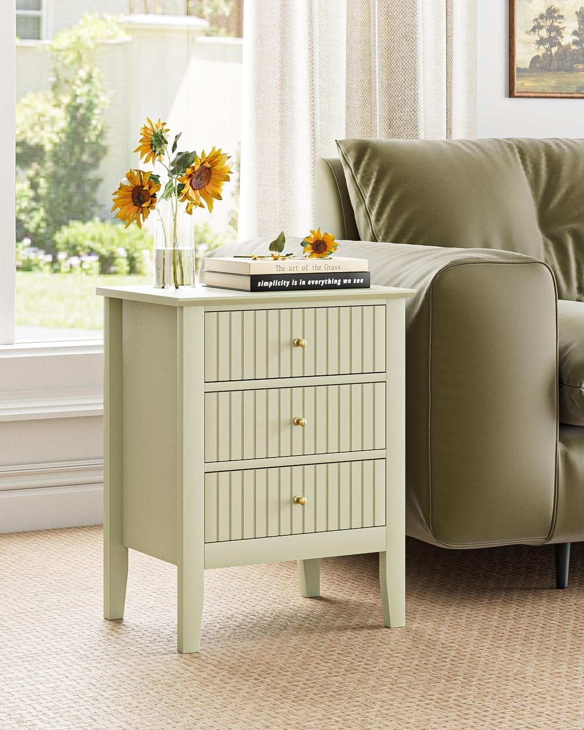 Modern Green Bedside Table with 3 Drawers Wooden Nightstand Bedroom Storage