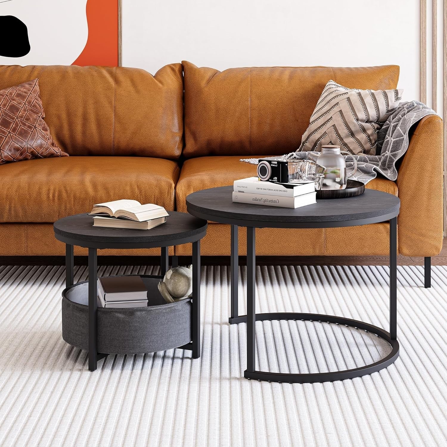 Nesting Coffee Table Set Black Round Side End Tables Modern Metal Frame (77 Char