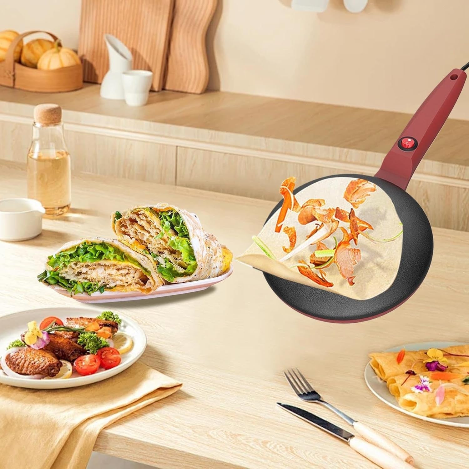 8" Electric Crepe Maker Non-Stick Pancake Pan Long Handle Auto Temp Control Red