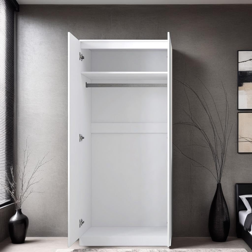 Modern 2 Door White Wardrobe with Soft-Close Hinges & Full Hanging Rail