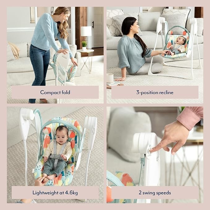 Compact Baby Swing with 2 Speeds Recline Toy Bar Foldable Seat 0-6m