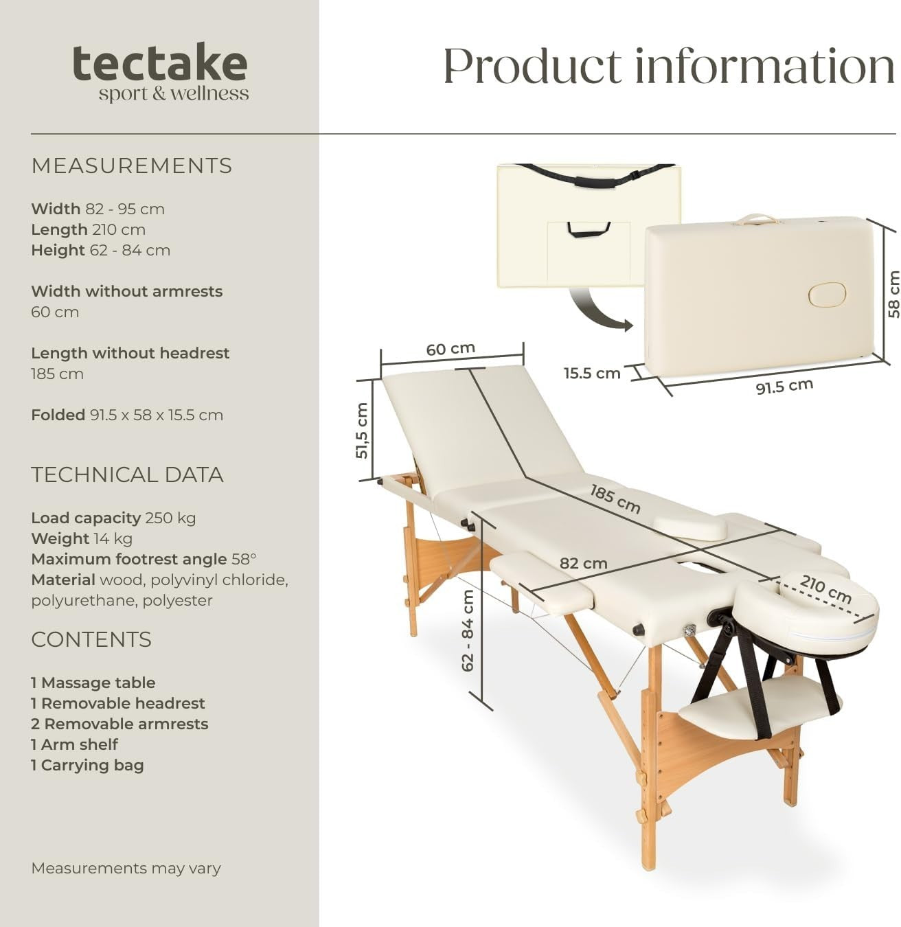 Portable 3 Zone Massage Table Foldable Therapy Beauty Bed 61cm Adjustable Beige