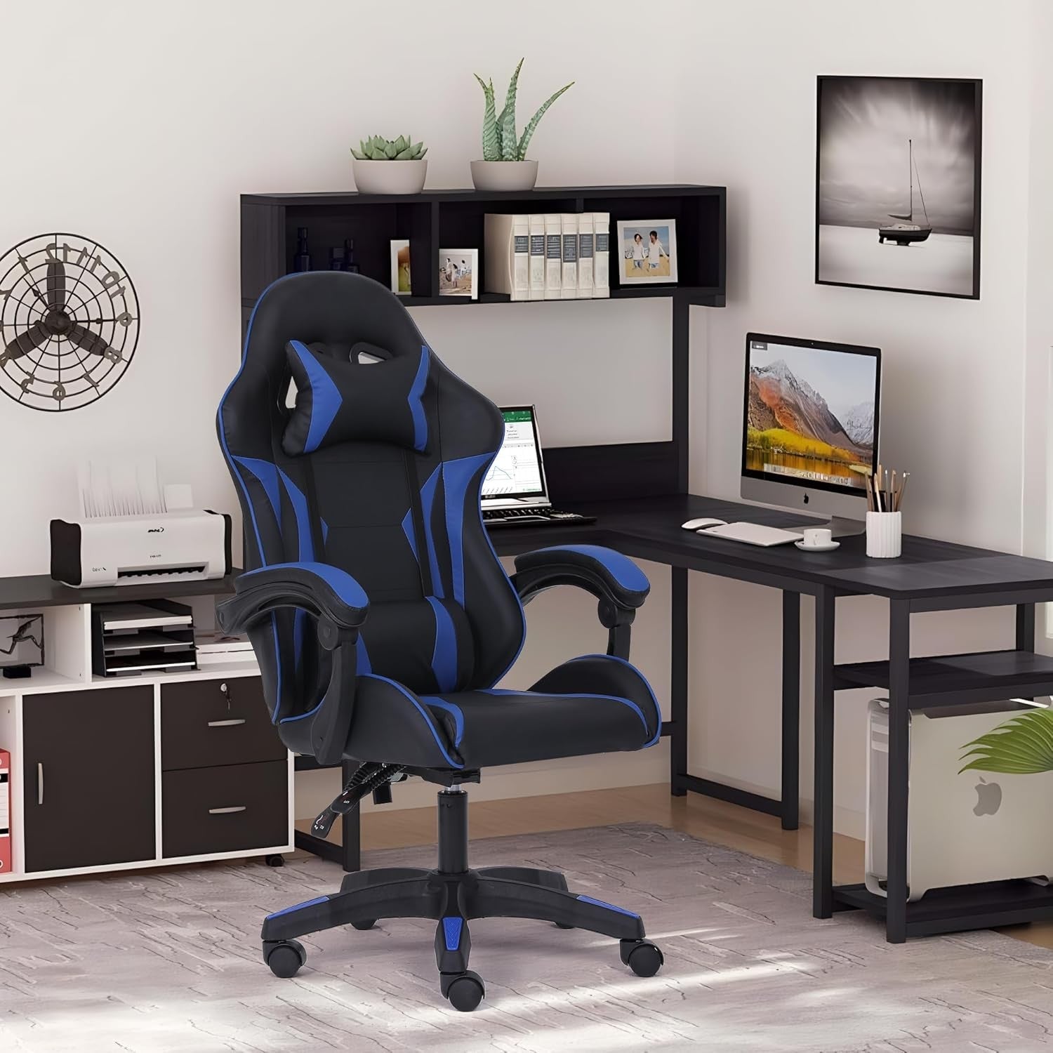 Ergonomic Gaming Chair w/ Lumbar Support Headrest Swivel Blue