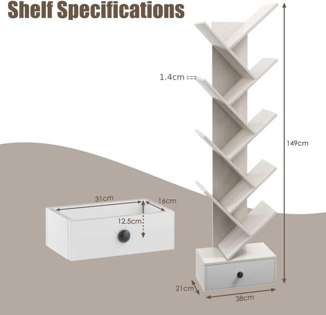 10-Tier Tree Bookshelf Floor Standing Wooden Bookcase with Drawer Storage
