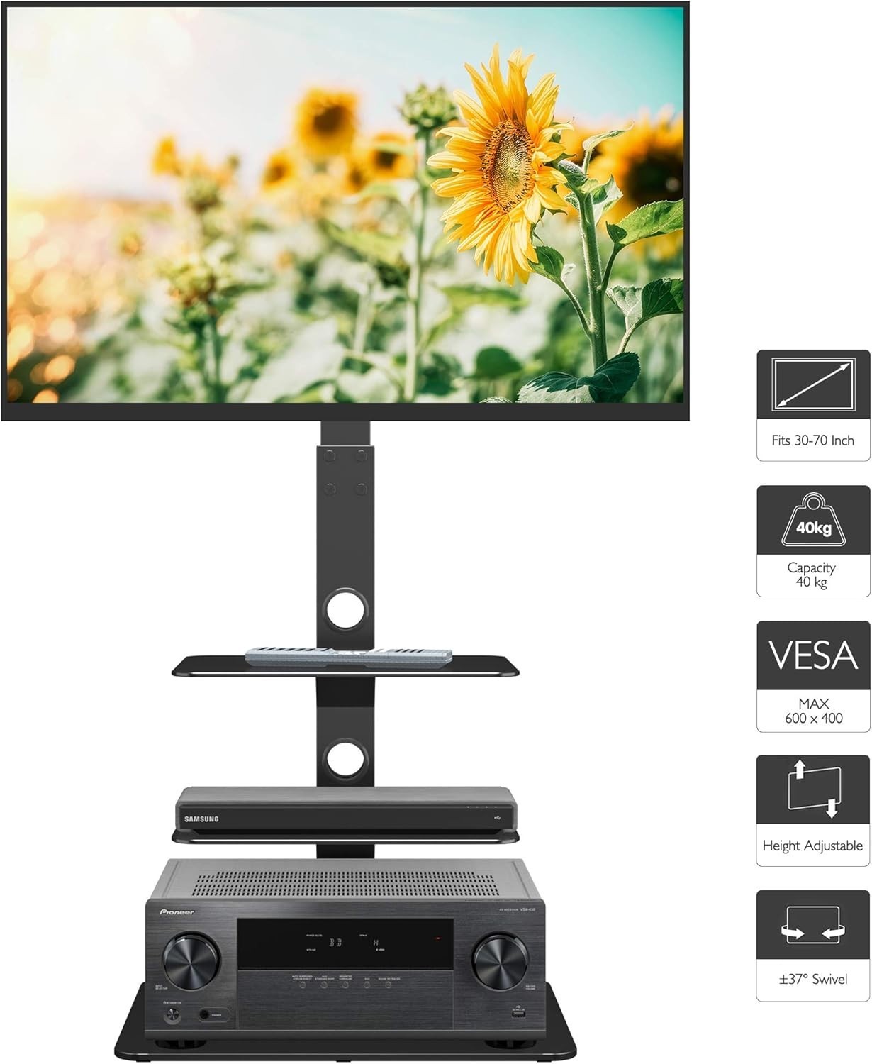 Universal Black TV Floor Stand 30-70" Adjustable Swivel 3-Tier Glass Shelves