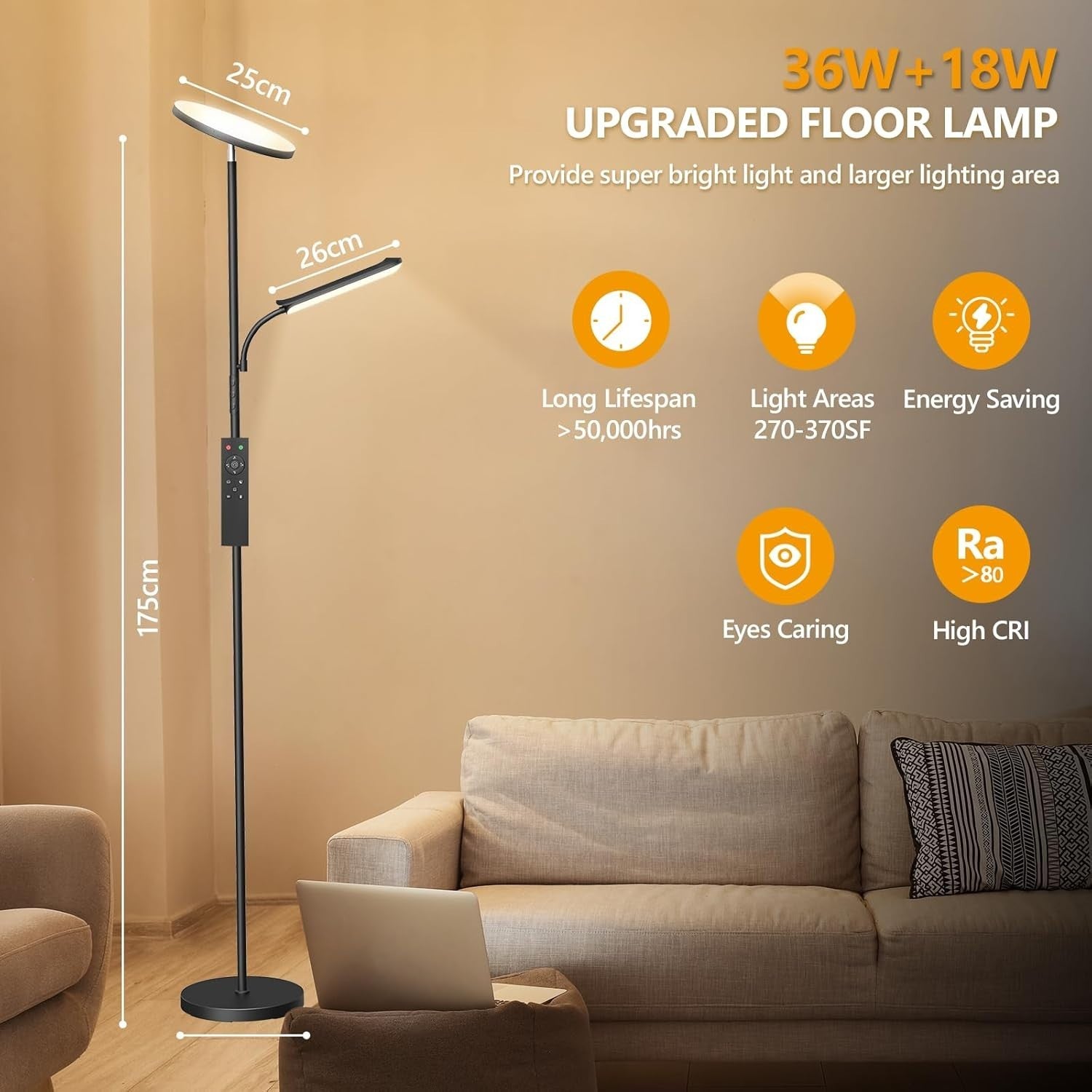 Dimmable LED Floor Lamp with Remote, 4 Color Temps & Auto Shut-Off