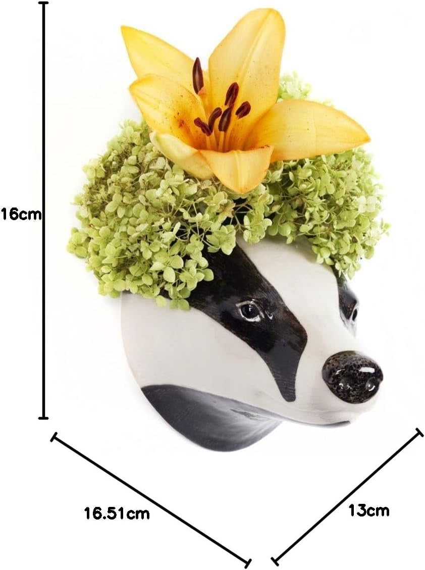 Badger Head Wall Vase Ceramic Floral Planter Multi Colour Animal Decor