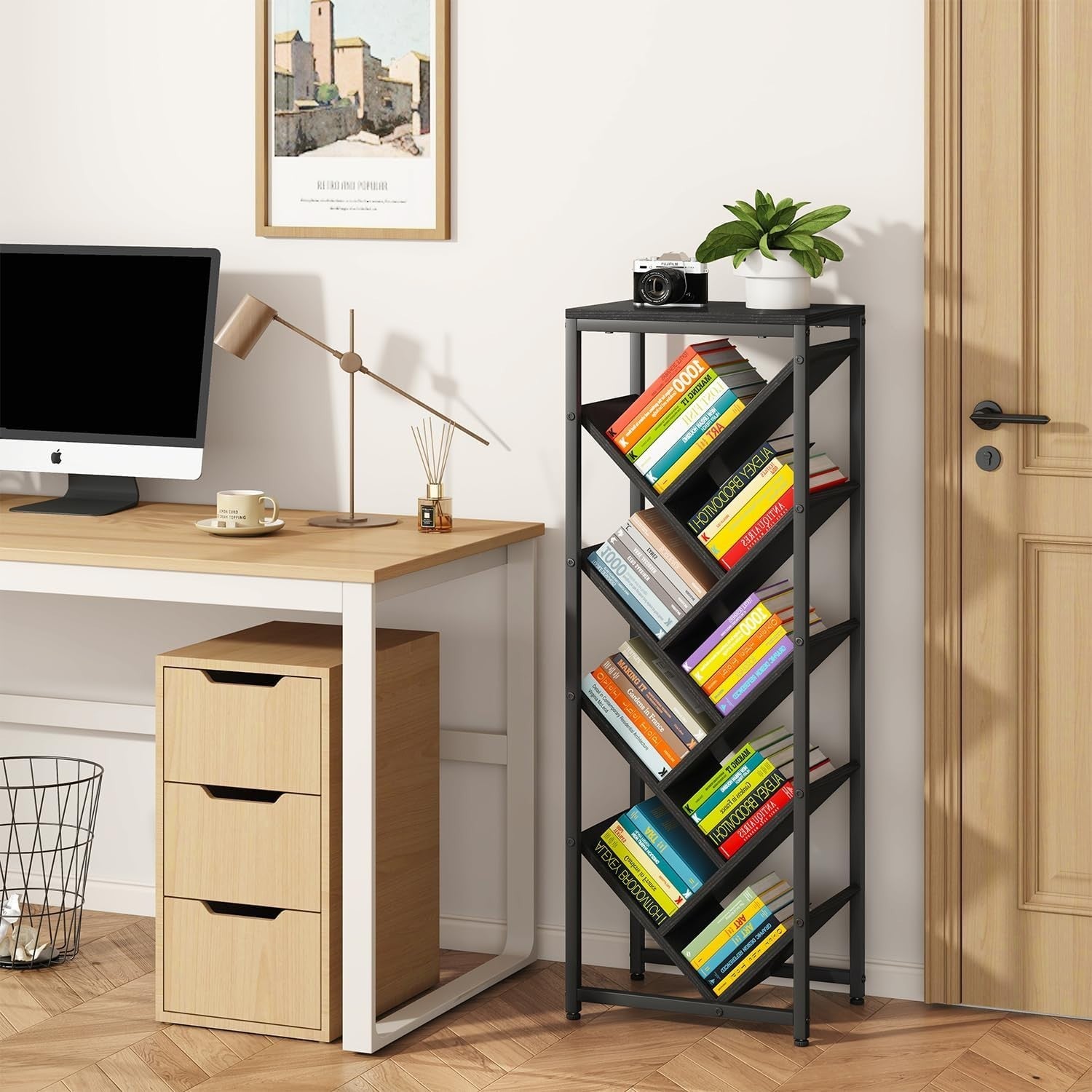 9-Tier Tree Bookshelf Black Wooden Floor Standing Corner Shelf Storage