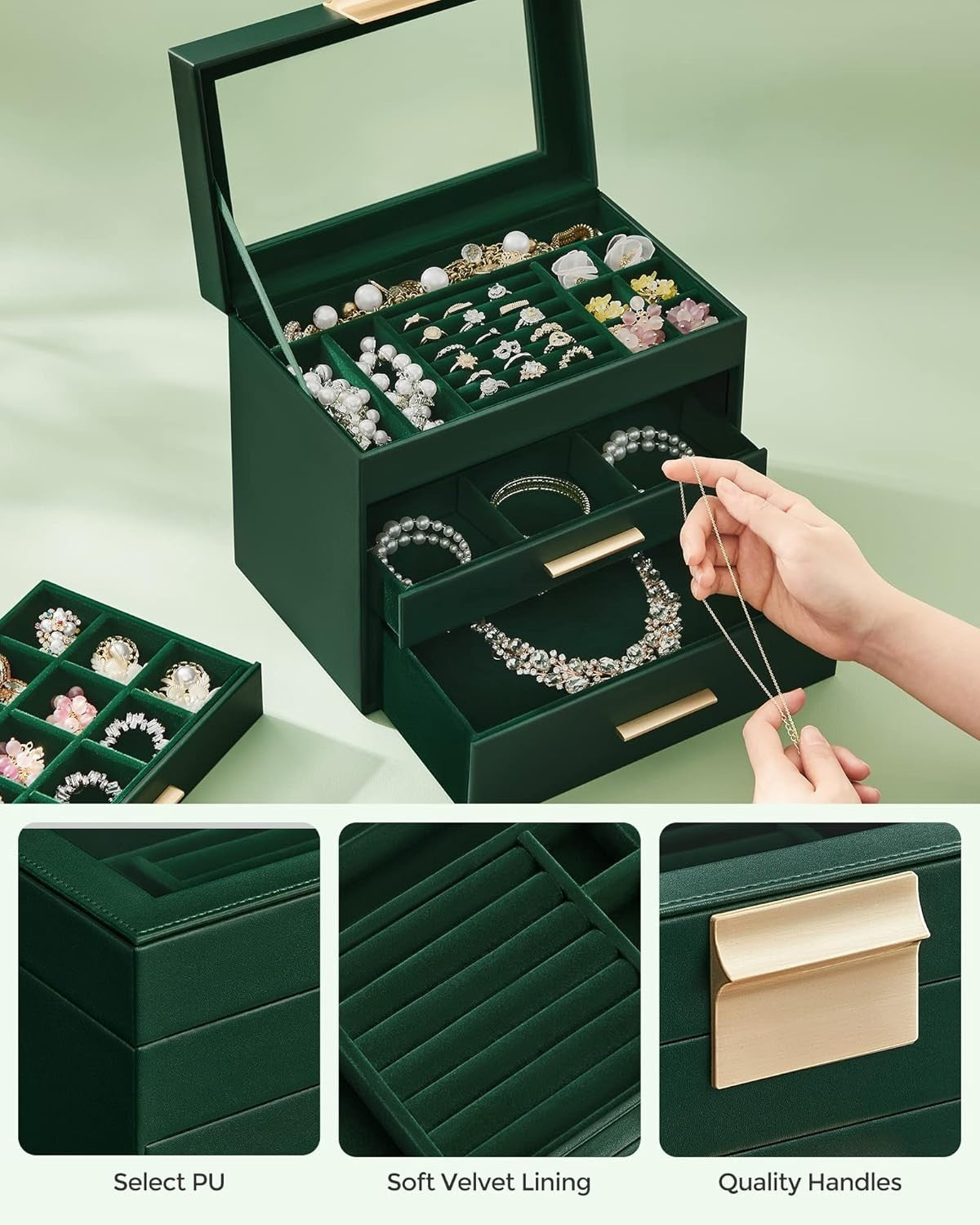 Forest Green Gold Jewellery Box Glass Lid 4 Layer Organizer with Drawers