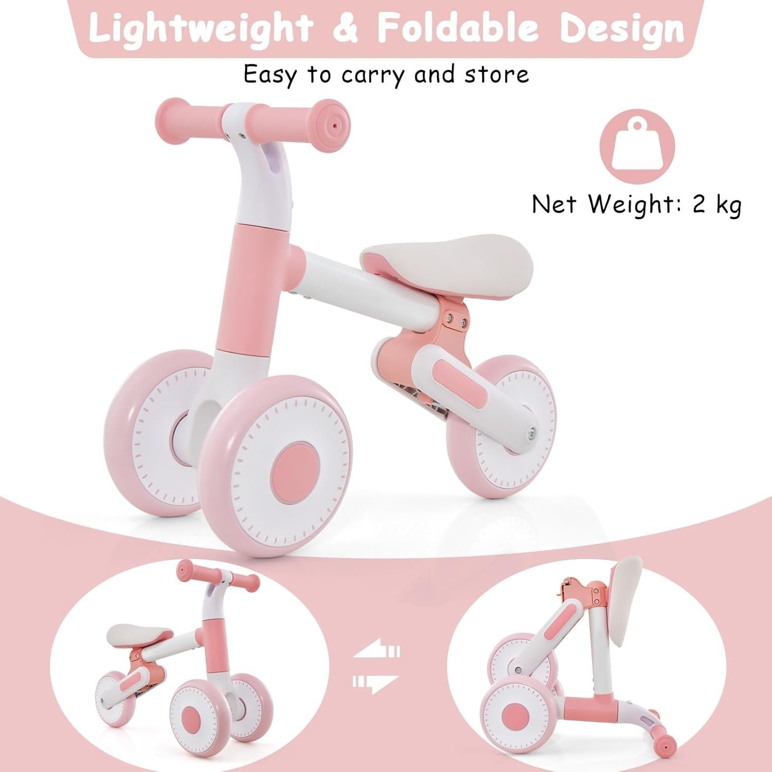 Baby Balance Bike Foldable Toddler Walker Adjustable Seat 1-3 Years Pink