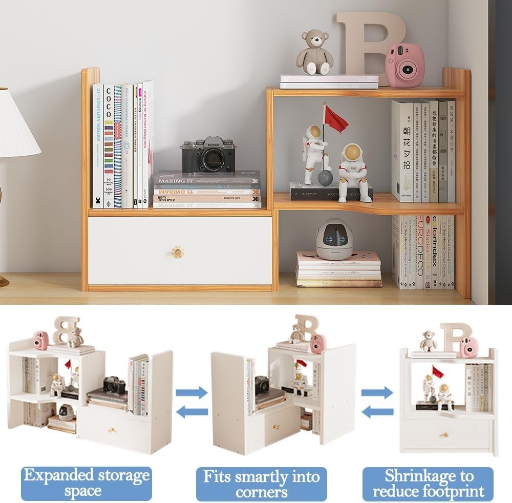Expandable Desktop Bookshelf Adjustable Desk Organizer Storage Rack Cherry Wood