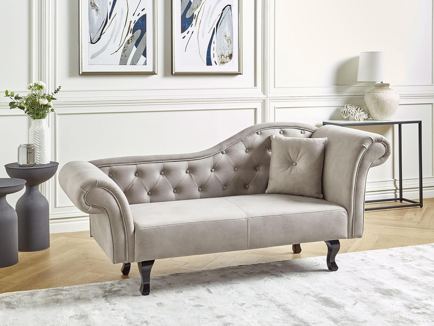 Taupe Velvet Right Hand Chaise Lounge Button Tufted Recliner with Cushion