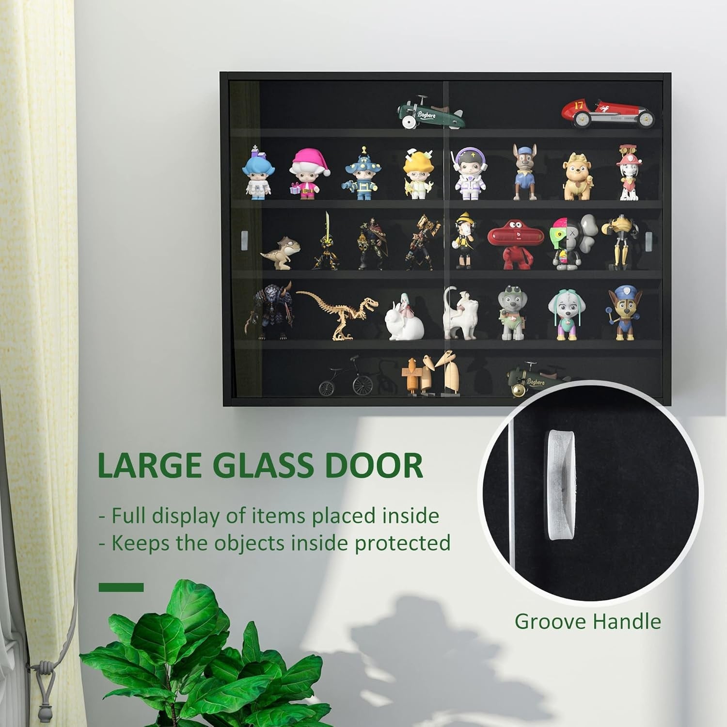 5-Tier Wall Display Cabinet | Black Glass Sliding Door Shelf Unit 60×80cm