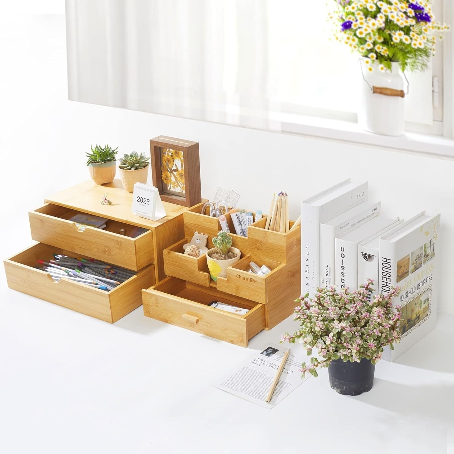 Bamboo Desk Organizer with 2 Drawers | Countertop Storage for Office/Home