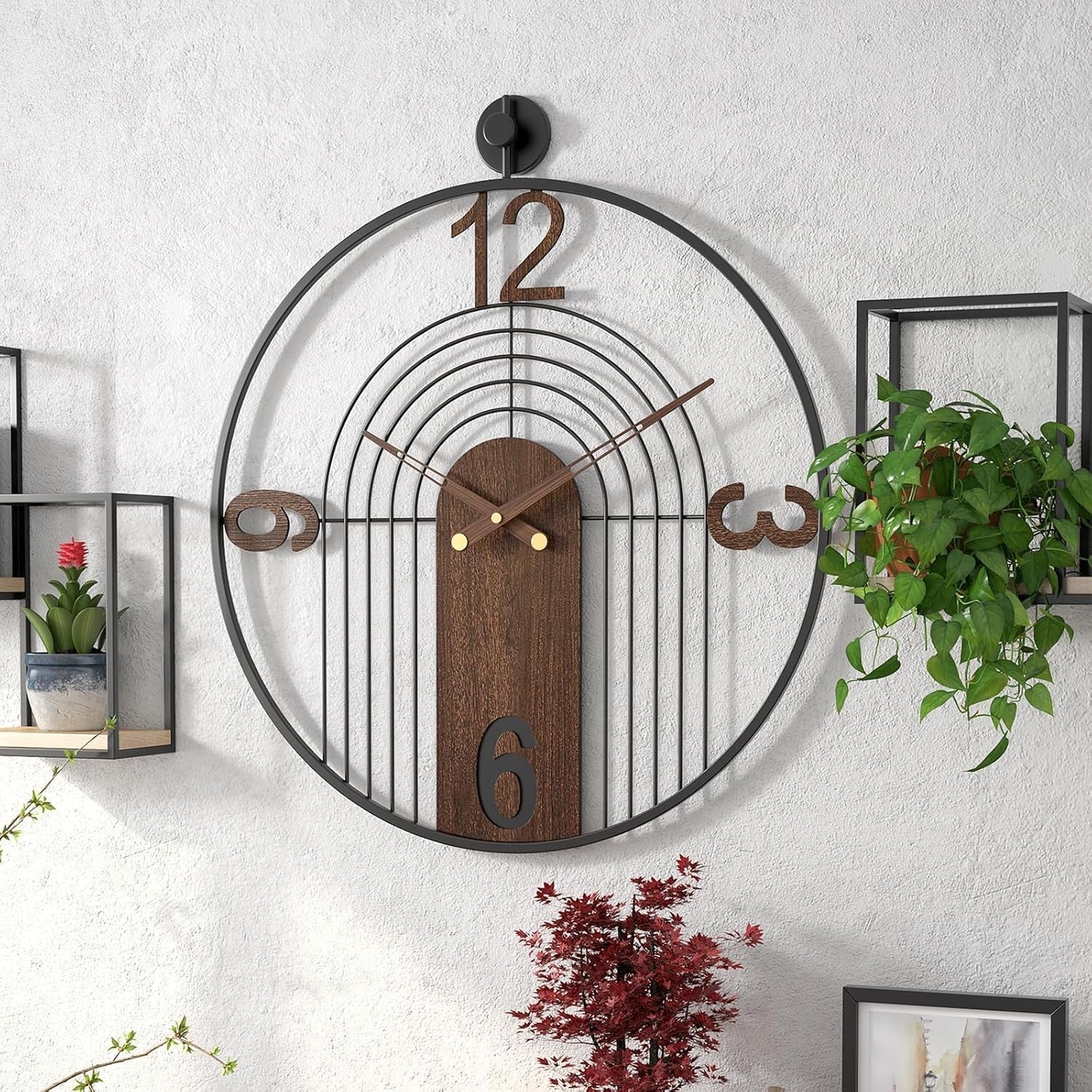 Luxury Silent 70CM Wall Clock Walnut Wood Metal Modern Decor Home Gift