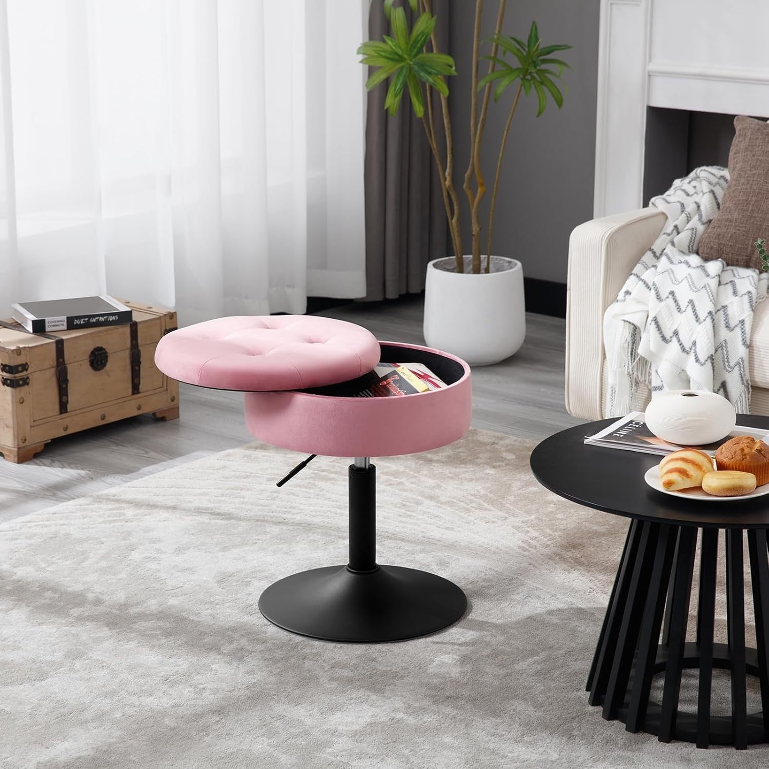 Pink Velvet Swivel Vanity Stool with Storage Round Adjustable Makeup Seat