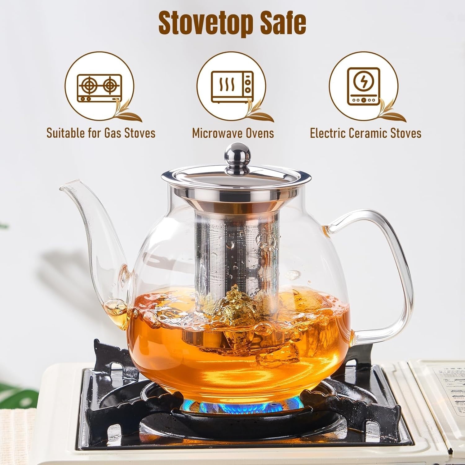 1500ml Glass Teapot with Stainless Infuser Stovetop Safe Tea Kettle