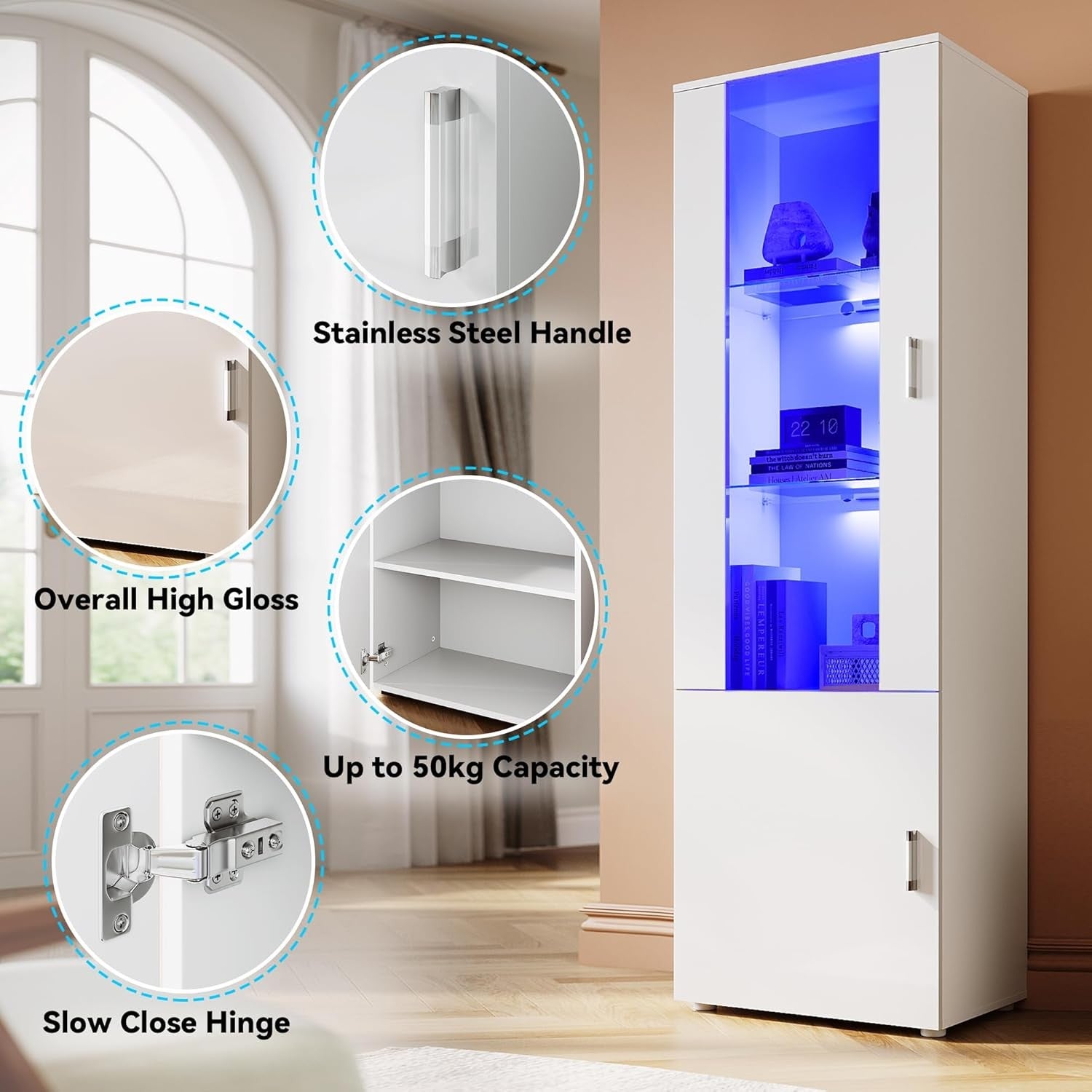 Tall LED Display Cabinet in White High Gloss with Glass Shelves 187cm
