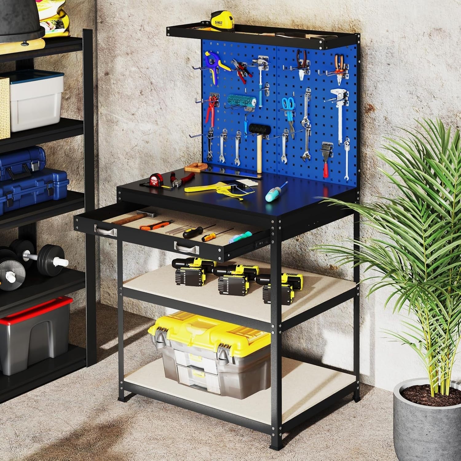 Heavy Duty Workbench 81x41x156cm Navy Pegboard Shelves Drawer 290kg Capacity