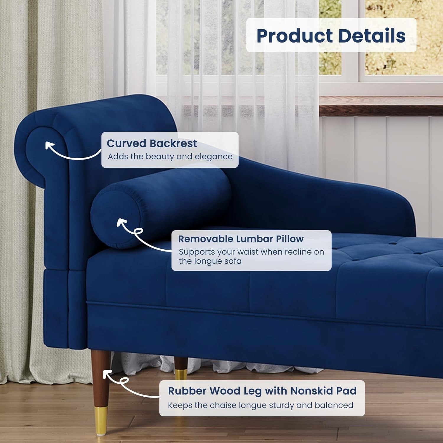 Velvet Chaise Lounge Sofa Blue Left Armrest + Pillow Compact & Stylish